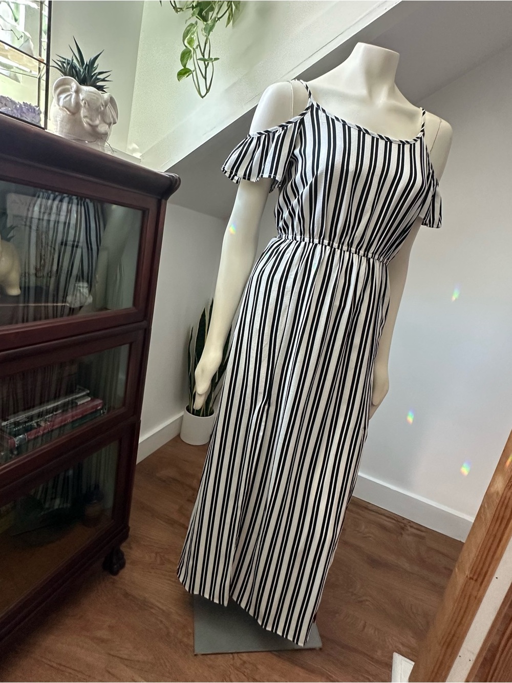 One Clothing Los Angeles Striped Cold-Shoulder Double Slit Maxi Dress